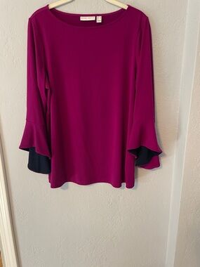 Susan Graver Magenta 3/4 Ruffle Sleeve Blouse with Black Contrast